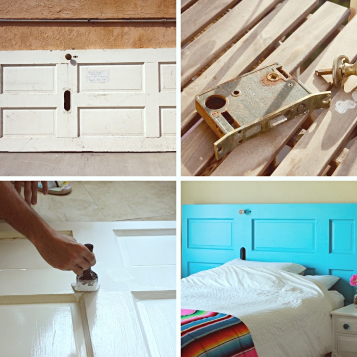 idée relooking meubles en bois avec peinture, que faire avec vieille porte, idee tete de lit en porte repeinte en bleue