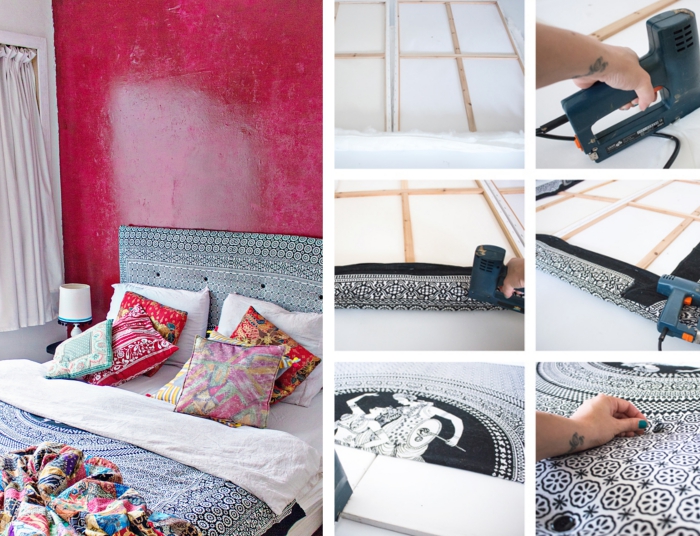 comment réaliser une tête de lit en tissu, déco de chambre à coucher avec objets motifs ethniques et peinture rouge