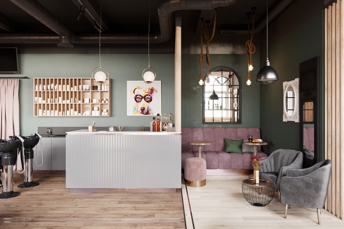 design intérieur style contemporain dans un salon industriel, idée peinture tendance nuances de vert, meuble rangement de cuisine en bois