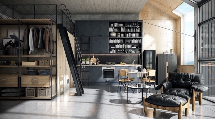 design intérieur contemporain dans une cuisine industrielle, pièce aux murs gris avec plancher en carreaux béton