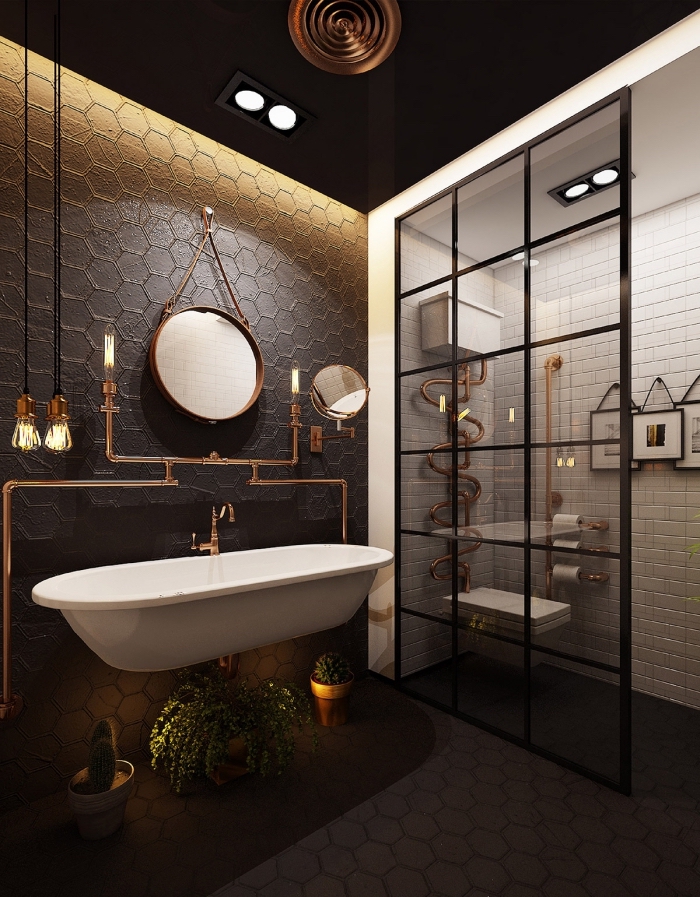 agencement salle de bain foncé avec cabine douche blanche, idée carrelage original pour salle de bain, deco murale industrielle avec tuyaux apparents cuivre