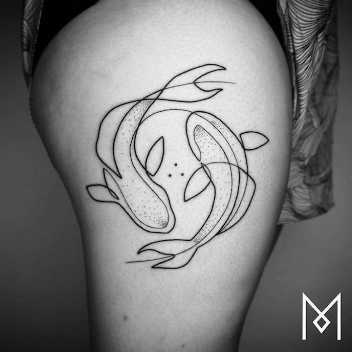 Le dessin avec une seule ligne, tatouage poissons, tatouage original, société moderne swag idée dessin