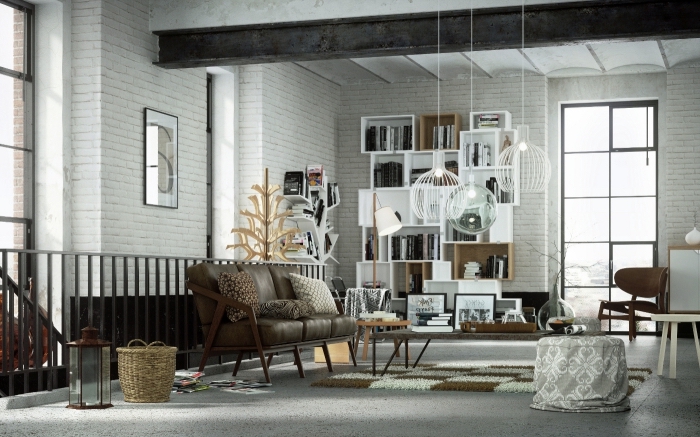 comment décorer un salon de style industriel rustique, meuble de rangement personnalisable avec rangement ouvert et fermé