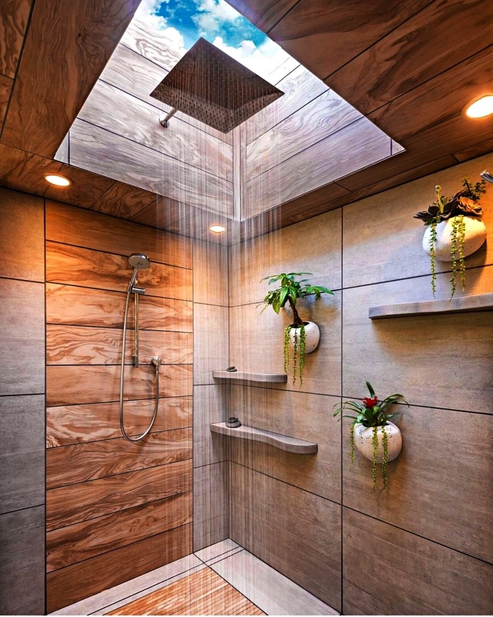 salle de bain moderne en carreaux imitation bois avec petites étagères et des porte-plantes muraux, espace douche avec fenêtre de toit pour une ambiance zen