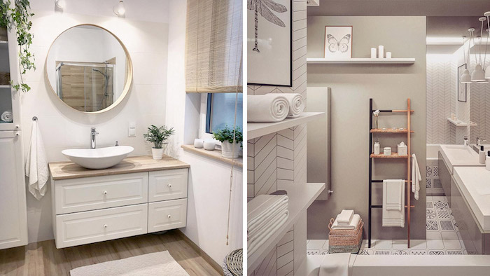Style scandinave, salle de bain bois, salle de bain blanche et bois, simplicité dans l'intérieur, rond miroir et plante verte déco