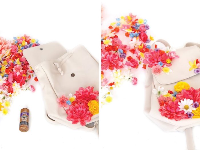 comment personnaliser un sac à dos cuir blanc, modèle de sac à dos décoré avec fleurs artificielles, cadeau meilleure amie fait maison