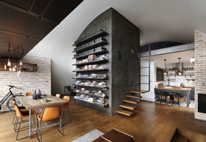exemple meuble style industriel en bois brut et métal, comment aménager une salle à manger ouverte vers la cuisine