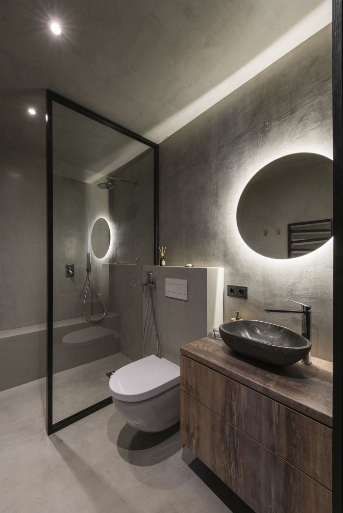 comment aménager une petite salle de bain moderne, idée peinture à effet béton, éclairage spot led dans salle de bain à deco industrielle