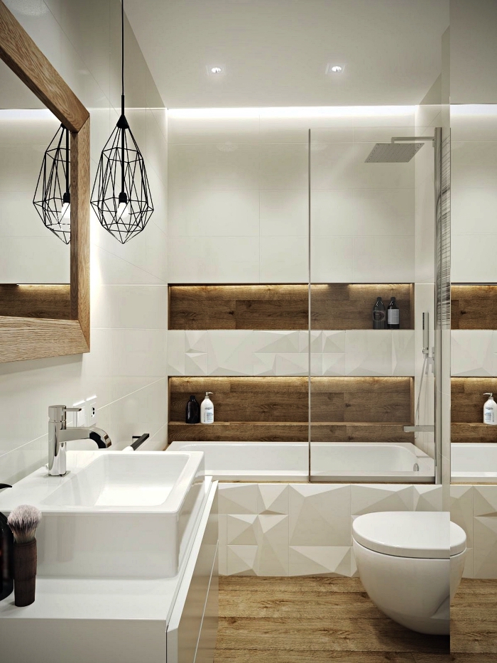 idee salle de bain petite surface en bois et blanc avec baignoire-douche encastrée, petite salle de bains au design scandinave épuré