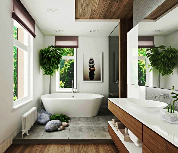 salle de bain zen et chaleureuse en bois et blanc inspirée du style japonais avec une baignoire îlot sur podium, un poster mural zen et une plante bambou