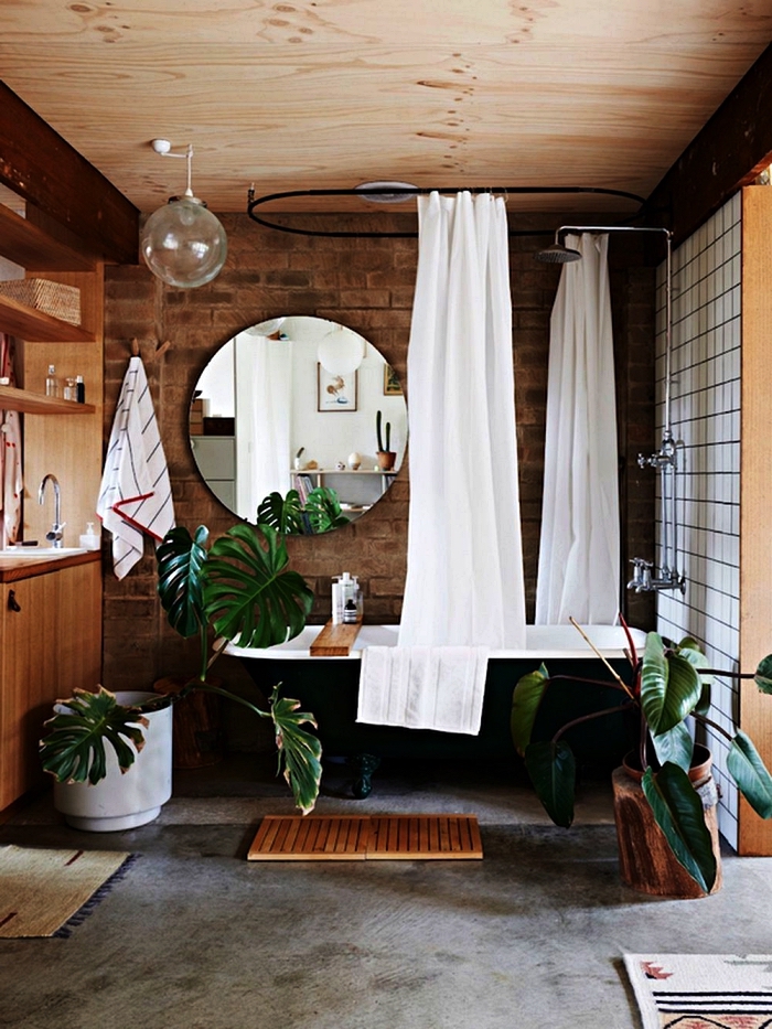 modele salle de bain vintage et nature en bois et briques avec baignoire sur pied noire et des plantes vertes