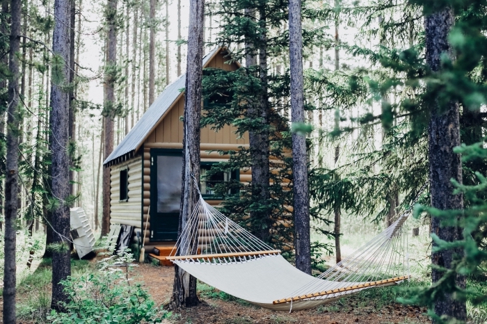 joli fond d écran pour notebook ou ordinateur, photo de cabane bois avec hamac suspendu, idée photo relax dans la nature