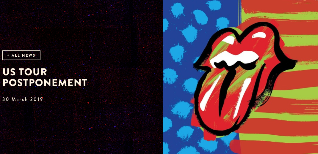 capture écran du site web des Rolling Stones qui ont annoncé devoir reporter leur tournée No Filter US et Canada à cause des problèmes de santé de Mick Jagger