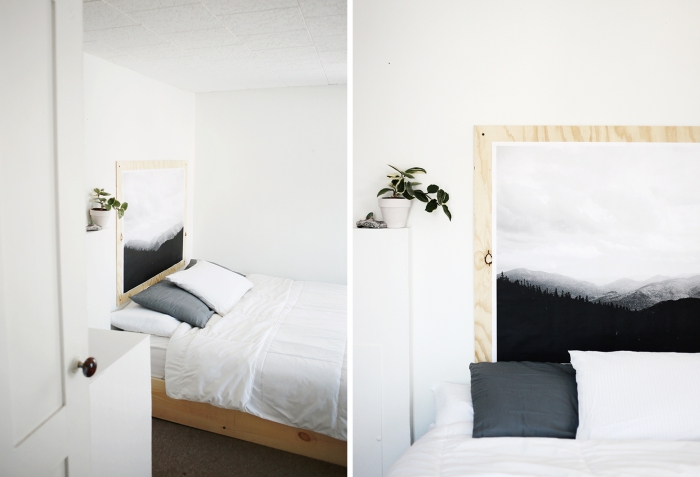 design intérieur style minimaliste dans une petite chambre blanche, diy tête de lit en contreplaqué bois avec paysage blanc et noir