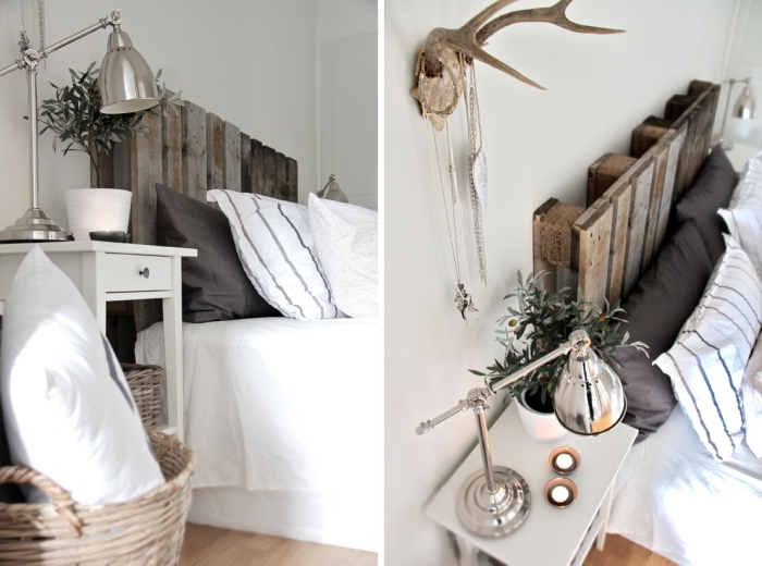 design intérieur de style minimaliste dans une chambre blanche avec parquet bois, modèle tete de lit palette