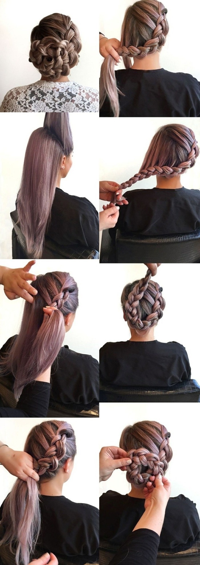 tresse de côté volumineuse transformé en chignon tressé, coiffure élégante et originale sur cheveux colorés en violet