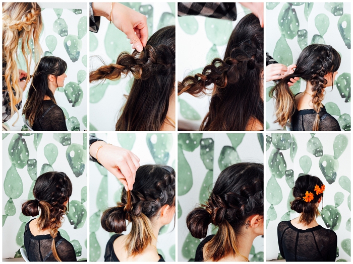 comment faire un chignon facile avec tresse sur le côté et queue-de-cheval floue, tutoriel avec explications pas à pas pour une coiffure romantique de style bohème chic