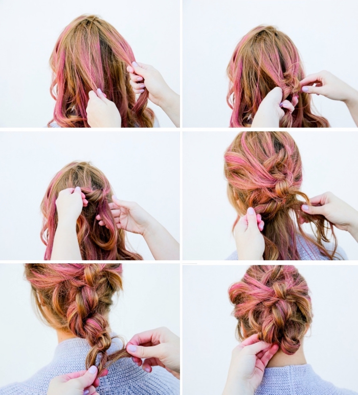 coiffure simple et rapide pour femme, chignon banane tressé réalisé sur cheveux chatain clair à mèches rose