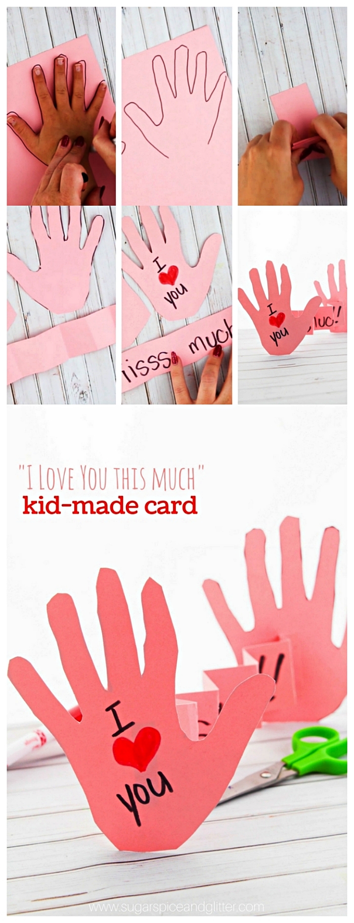 carte en accordéon avec les empreintes de mains des enfants , papier rose