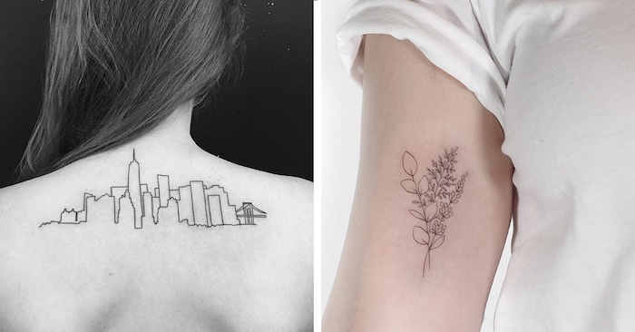 Deux idées de tatouages en lignes simples, inspiration tatouage avant bras, tatouage swag, silhouette de ville