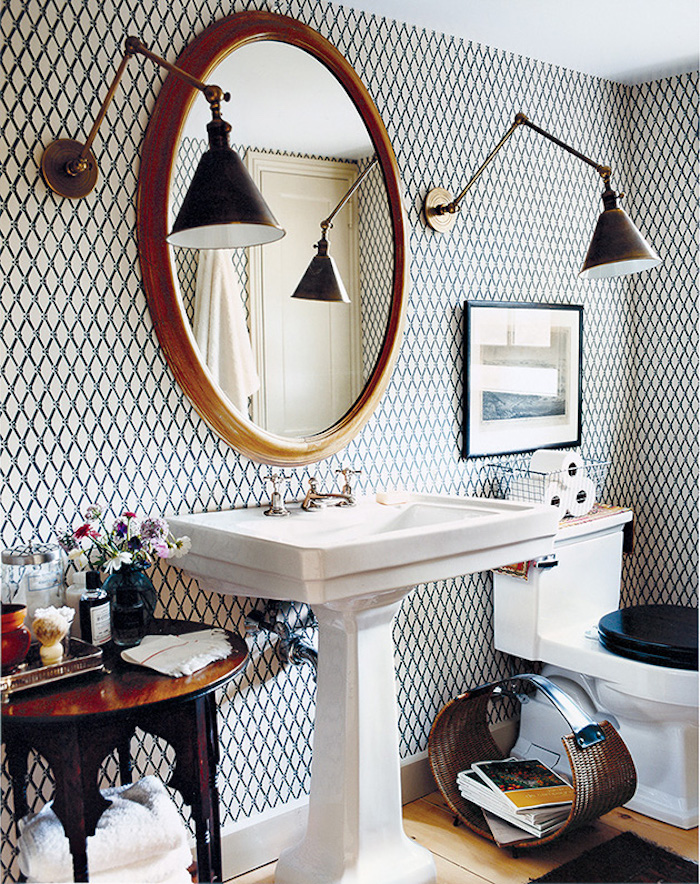 Vintage design sans meuble sous vasque salle de bain, la plus belle salle de bains du monde, ronde miroire, blanc et noir géométrique papier peinte salle de bains