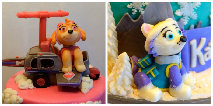 figurines comestibles, Stella et Everest, figurines de gâteau anniversaire enfant, pins et flocons de neige blancs