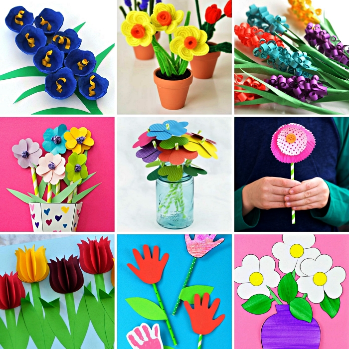 bricolage en papier ou en feutre pour réaliser des fleurs, fabriquer un cadeau pour la fête des mères avec les enfants de l'école maternelle