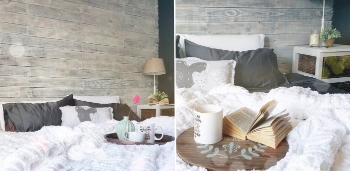 comment décorer une chambre à coucher cocooning, exemple revetement mural diy en palettes de bois recyclés