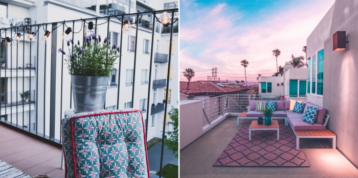 comment décorer son balcon, organiser un barbecue sur une terrasse ou balcon, déco avec coussins et tapis extérieurs
