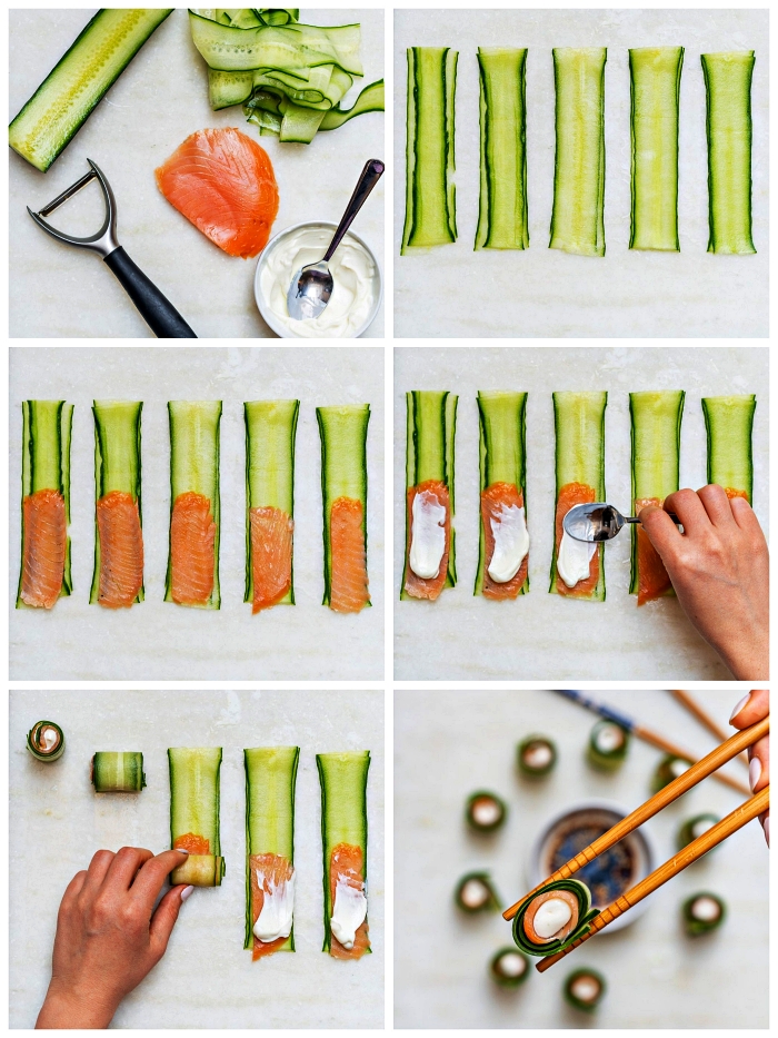 tuto pas à pas pour faire des rouleaux de concombre au saumon fumé et au fromage à la crème façon sushi, recette apéritif dinatoire simple et originale