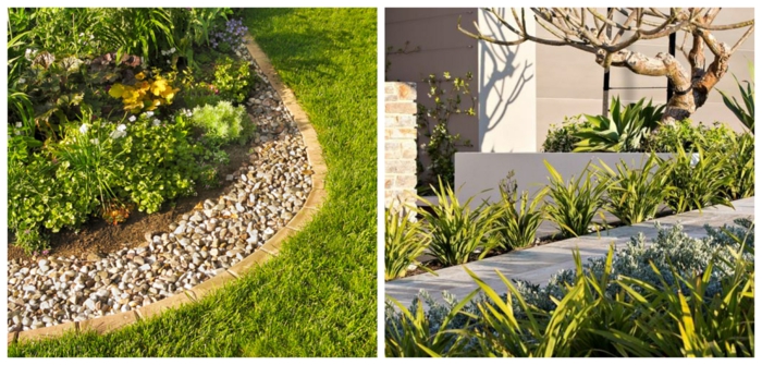 deux variantes de bordures de jardin, bordure jardin pierre, bordure béton, fleurs et plantes herbacées
