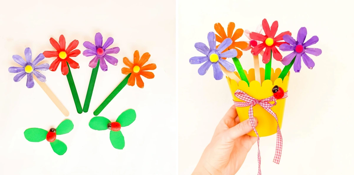 bouquet fleurs diy en papier cartonne batonnets bois glace peinture