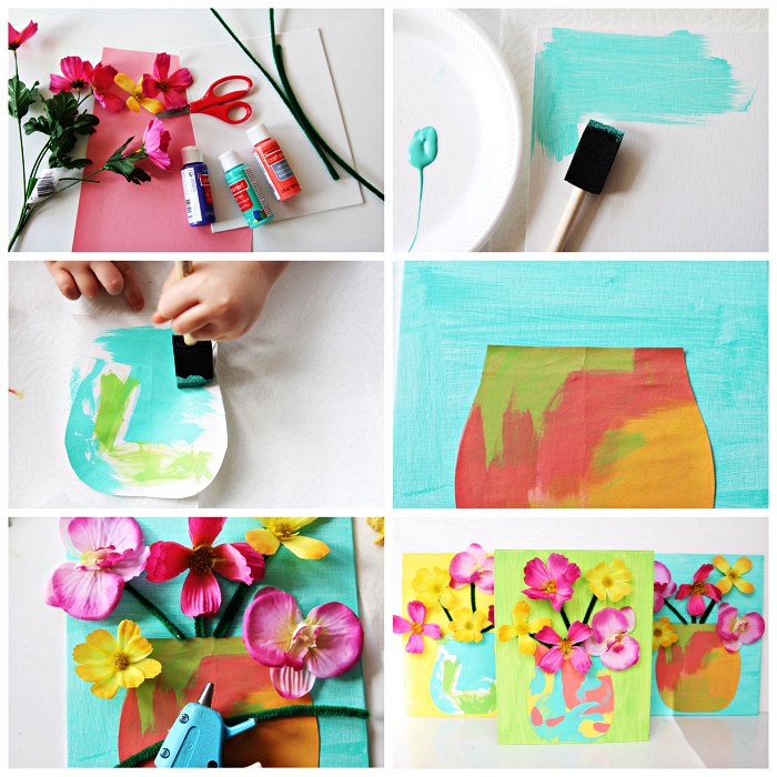 tutoriel facile pour réaliser une carte fête des mères maternelle avec vase et fleurs en 3d, idée d'art facile pour les enfants à l'occasion de la fête des mères
