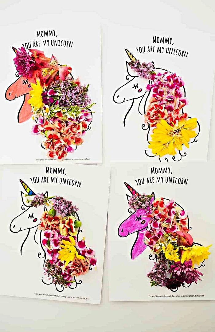 une carte de fête des mères licorne à imprimer et à décorer avec des pétales de fleurs, bricolage en papier spécial fête des mères