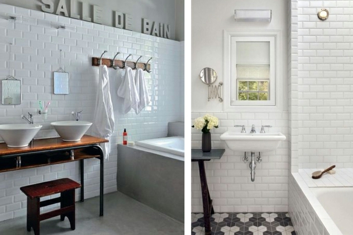 carreaux métro blancs, salle de bain style industriel, mix de béton et faience salle de bain métro blanc, vasques posées, meuble vasque récup
