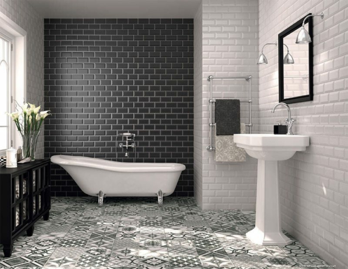 salle de bain, carrelage sol carreaux de ciment, faience salle de bain noir et blanc, lavabo colonne