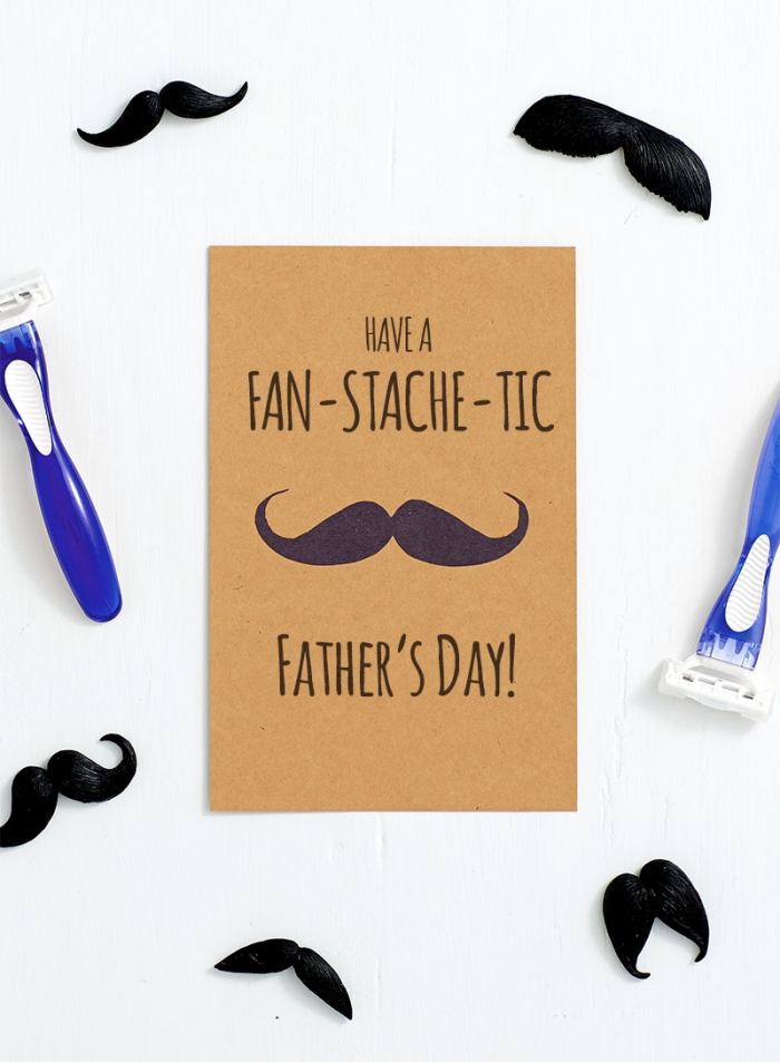 modèle de carte facile à faire pour la fête des pères, diy carte fete des peres avec lettres bonne fête et moustaches