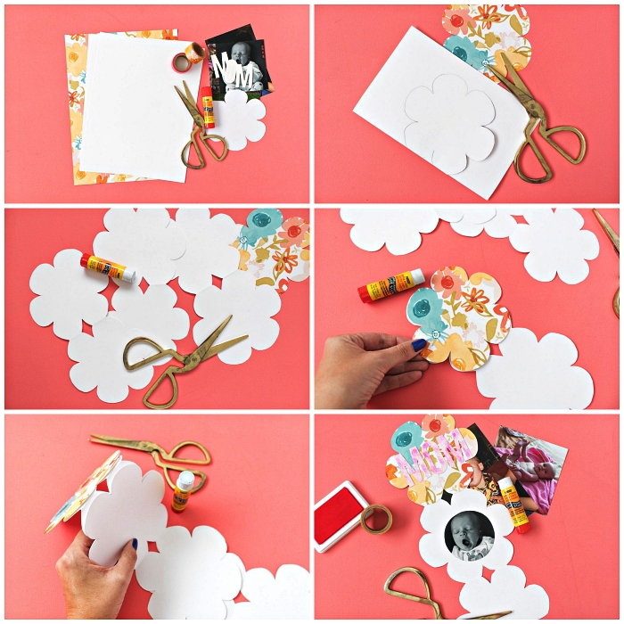 carte fête des mères maternelle, fabriquer une carte fleur en accordéon personnalisée avec une photo et une décoration en masking tape