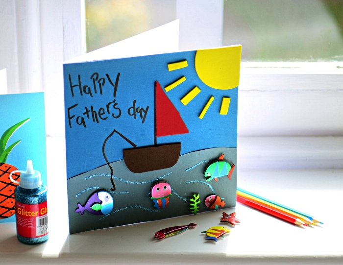 idee fete des peres bricolage pour les plus petits, une carte de fête des pères personnalisée avec des motifs mer en 3d