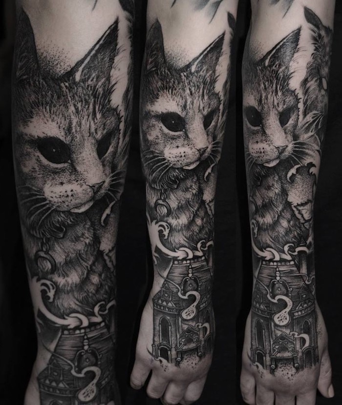 dessin de chat et une temple aux pieds, idée de tatouage entier de bras et main, dessin réaliste d animal