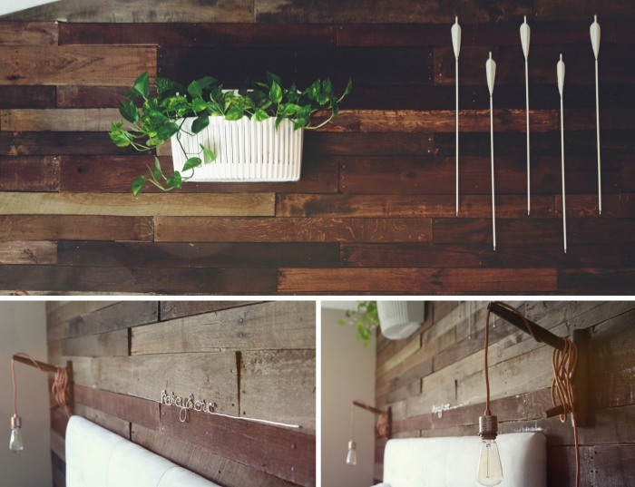 exemple de habillage mur intérieur bois, idée comment aménager une chambre adulte avec un mur DIY en palette