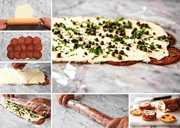 comment faire des roulés de salami au fromage à la crème, un aperitif dinatoire facile et rapide pour 10 personnes