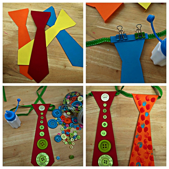 bricolage fête des pères pour les plus petits, des cravates en carton aux petits embellissements à fabriquer avec les enfants de l'école maternelle