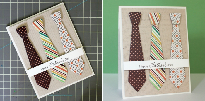 idée cadeau fête des pères à fabriquer, modèle de carte DIY en papier cartonné décoré avec cravate en papier scrapbook