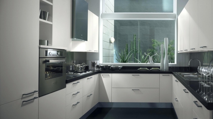 implantation cuisine en forme de U, comment aménager une petite cuisine sur trois murs, exemple de cuisine blanc et noir 