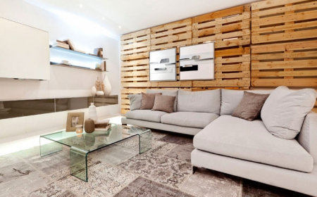 deco mur en bois planche casa palet italia interiorismo salon moderne avec mur en palette recyclé table de salon basse en verre étagère éclairage led