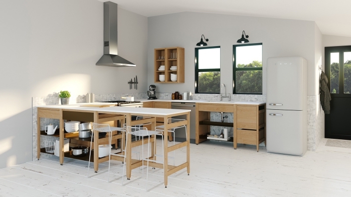 modèle de cuisine blanc et bois avec hotte inox, idée meuble rangement mural avec étagère en bois, cuisine avec îlot table blanc et bois