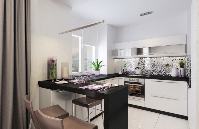 meuble bar cuisine en noir, modèle crédence de cuisine à effet miroir aux motifs floraux, exemple de petite cuisine ouverte