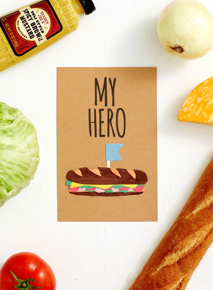 modèle de carte papa héros en papier cartonné avec figurine en papier coloré sandwich, idée activité facile fête des pères