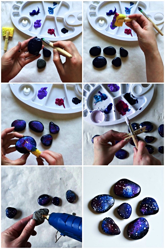 tuto bricolage fête des pères pour tout petit, faire des galets magnets personnalisés peints aux couleurs de la galaxie